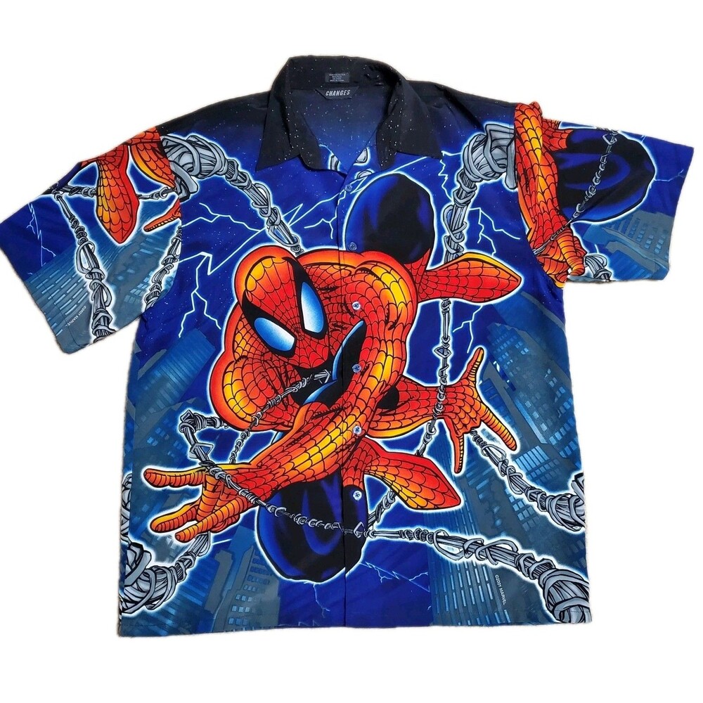Vintage 2001 Marvel Spider-Man Button Up Hawaiian Shirt Mens XL All Over Print